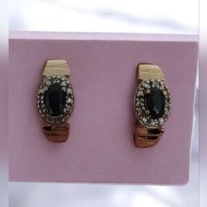 925 Gold Vermeil Blue Sapphire & Diamond Accents Half Hoop Earrings | Marked DL